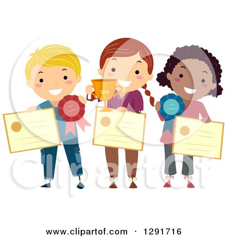 Clipart of Proud School Children Holding Awards, Trophies, And Ribbons - Royalty Free Vector Illustration by BNP Design Studio
