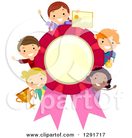 Clipart of a Blank Giant Ribbon Award with Children Holding Certificates and Trophies - Royalty Free Vector Illustration by BNP Design Studio