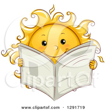 Clipart of a Happy Sketched Sun Character Reading a Newspaper - Royalty Free Vector Illustration by BNP Design Studio