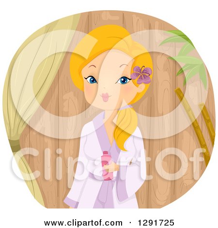 Clipart of a Blond Caucasian Woman in a Robe, Against Wood - Royalty Free Vector Illustration by BNP Design Studio