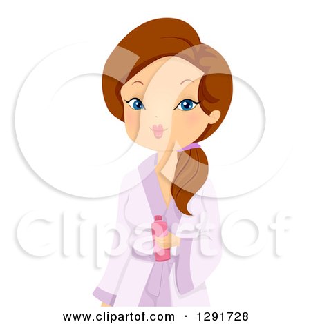 Clipart of a Brunette Caucasian Woman Holding a Bottle and Wearing a Robe - Royalty Free Vector Illustration by BNP Design Studio