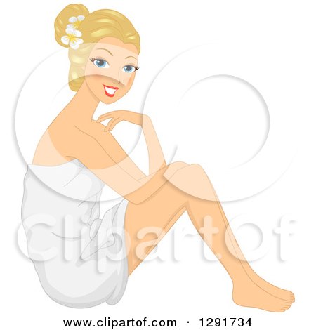 Clipart of a Happy Blond Woman Wearing a Flower in Her Hair and Sitting in a Spa Towel - Royalty Free Vector Illustration by BNP Design Studio