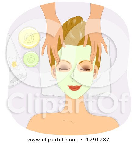 Clipart of a Relaxed Brunette Caucasian Woman Getting a Facial Mask Applied and a Massage at a Spa - Royalty Free Vector Illustration by BNP Design Studio
