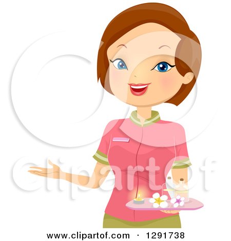 Clipart of a Friendly Brunette Caucasian Female Spa Receptionist Welcoming - Royalty Free Vector Illustration by BNP Design Studio
