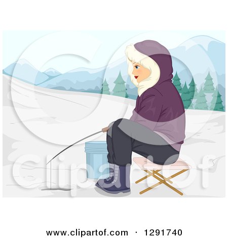 Clipart of a Happy Caucasian Woman Ice Fishing in the Winter - Royalty Free Vector Illustration by BNP Design Studio