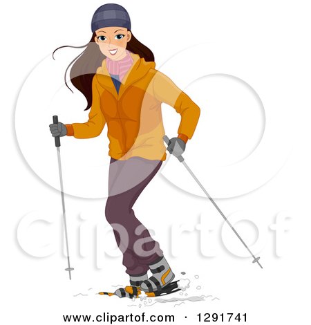 Clipart of a Happy Brunette Caucasian Walking in Snow - Royalty Free Vector Illustration by BNP Design Studio