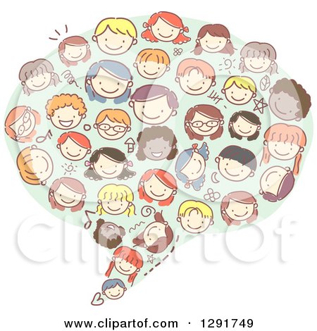 Clipart of a Group of Doodled Diverse Faces of Children Forming a Speech Balloon - Royalty Free Vector Illustration by BNP Design Studio
