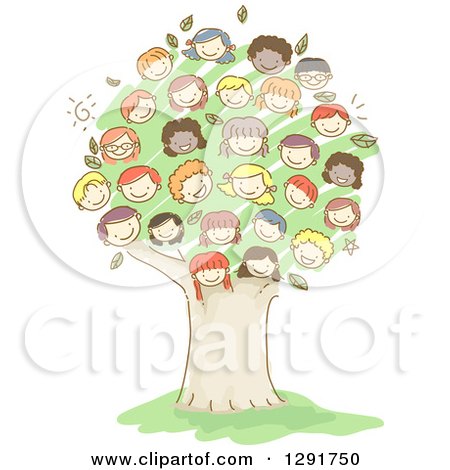 Clipart of a Group of Doodled Diverse Faces of Children Forming a Tree - Royalty Free Vector Illustration by BNP Design Studio