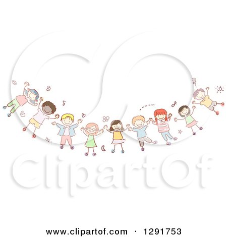Clipart of a Doodled Group of Children Cheering - Royalty Free Vector Illustration by BNP Design Studio