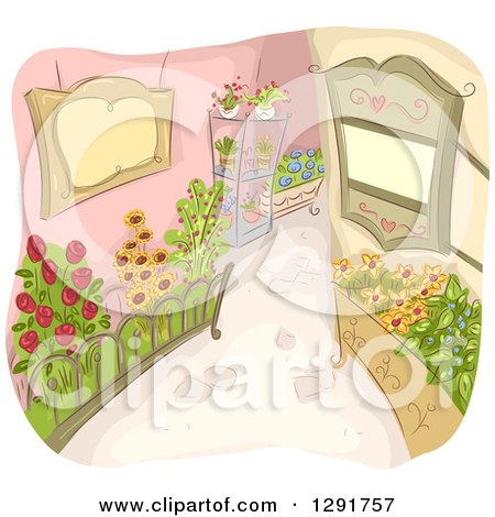 Clipart of a Sketched Alley with Flower Gardens - Royalty Free Vector Illustration by BNP Design Studio