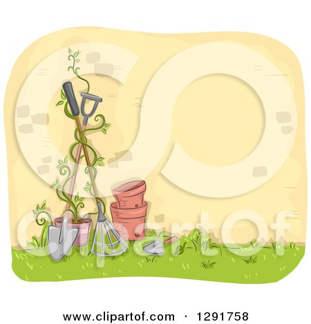 Clipart of a Sketched Brick Wall with a Vine, Pots and Gardening Tools - Royalty Free Vector Illustration by BNP Design Studio