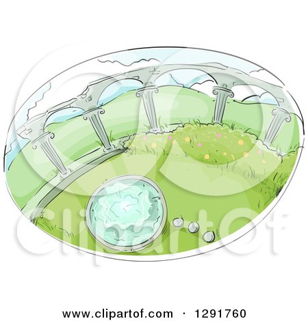 Clipart of a Sketched Oval Scene of a Garden with Columns and Water Fountain - Royalty Free Vector Illustration by BNP Design Studio