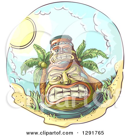 Clipart of a Sketched Oval Scene of a Tiki and Coconut Palm Trees on a Beach - Royalty Free Vector Illustration by BNP Design Studio