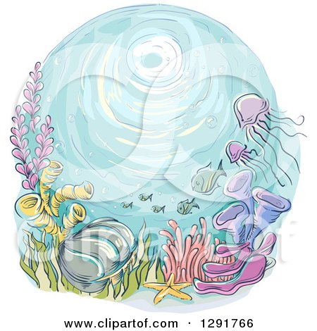 Clipart of a Sketched Oval Scene of a Reef, Jellyfish and Fish - Royalty Free Vector Illustration by BNP Design Studio
