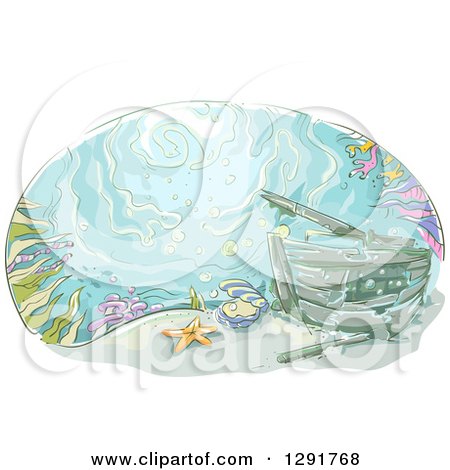 Clipart of a Sketched Oval Scene of a Sunken Ship at the Bottom of the Sea - Royalty Free Vector Illustration by BNP Design Studio