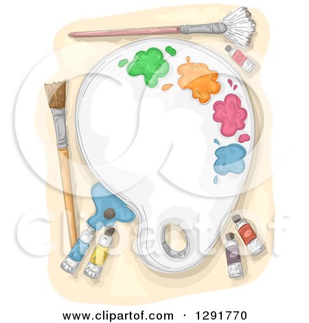 Clipart of a Sketched Paint Palette with Tubes and Brushes - Royalty Free Vector Illustration by BNP Design Studio