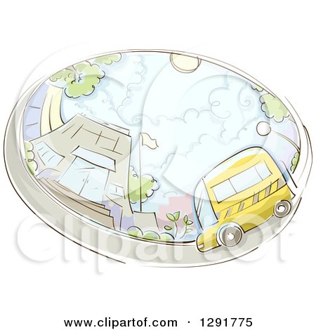 Clipart of a Sketched Oval Scene of a School Bus and Building - Royalty Free Vector Illustration by BNP Design Studio