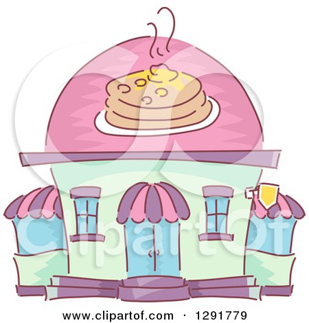 Clipart of a Sketched Pancake House Restaurant Building - Royalty Free Vector Illustration by BNP Design Studio