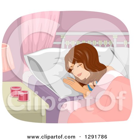 Clipart of a Happy Brunette White Woman Smiling and Sleeping by Aromatherapy Candles - Royalty Free Vector Illustration by BNP Design Studio