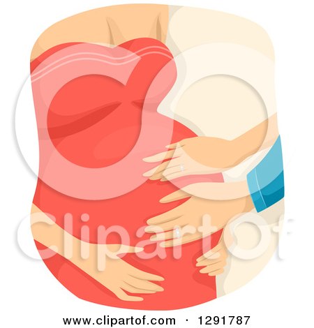 Clipart of a Caucasian Pregnant Woman or Surrogate Mother Letting People Touch Her Belly - Royalty Free Vector Illustration by BNP Design Studio