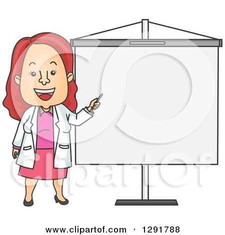 Clipart of a Cartoon Red Haired Caucasian Female Doctor Giving a Presentation - Royalty Free Vector Illustration by BNP Design Studio