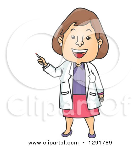 Clipart of a Cartoon Brunette Caucasian Female Doctor Talking and Giving a Presentation - Royalty Free Vector Illustration by BNP Design Studio