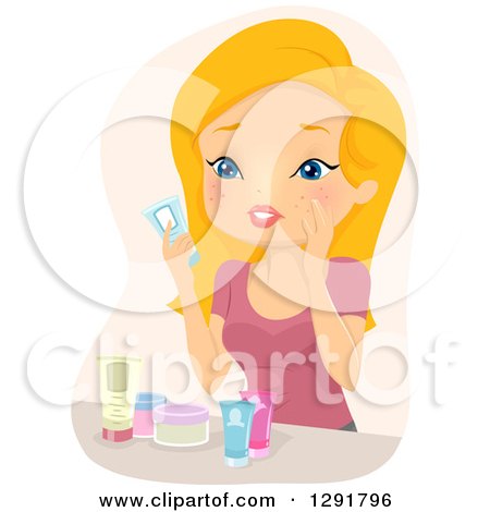 Clipart of a Blond Caucasian Woman with an Acne Breakout, Going over Her Beauty Products - Royalty Free Vector Illustration by BNP Design Studio