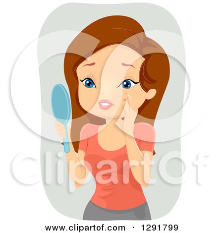 Clipart of a Stressed Brunette Caucasian Woman Looking at a Pimple on Her Cheek - Royalty Free Vector Illustration by BNP Design Studio