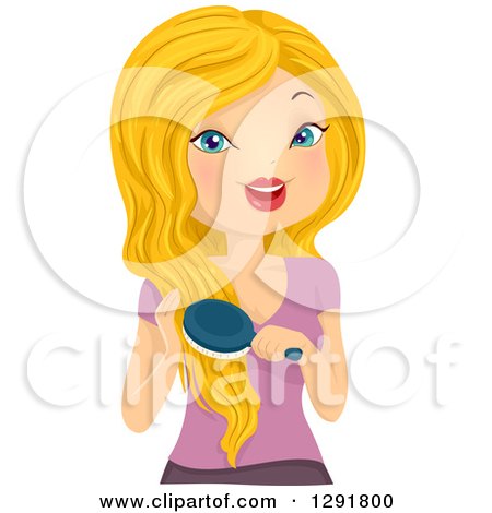 Clipart of a Blond Caucasian Woman Brushing Her Very Long Hair - Royalty Free Vector Illustration by BNP Design Studio