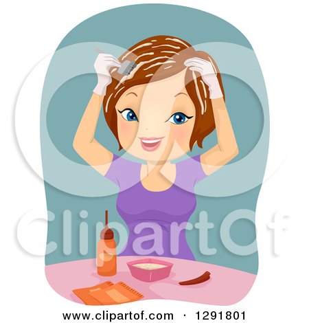 Clipart of a Happy Brunette Caucasian Woman Dying Her Own Hair - Royalty Free Vector Illustration by BNP Design Studio