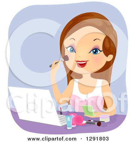 Clipart of a Happy Brunette Caucasian Woman Using a Laptop to Give a Makeup Tutorial Online - Royalty Free Vector Illustration by BNP Design Studio