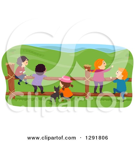 Clipart of a Rear View of Rural Children and a Dog Hanging out at a Fence - Royalty Free Vector Illustration by BNP Design Studio