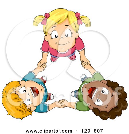 Clipart of an Aerial View of Three Happy Children Holding Hands and Looking Upwards - Royalty Free Vector Illustration by BNP Design Studio