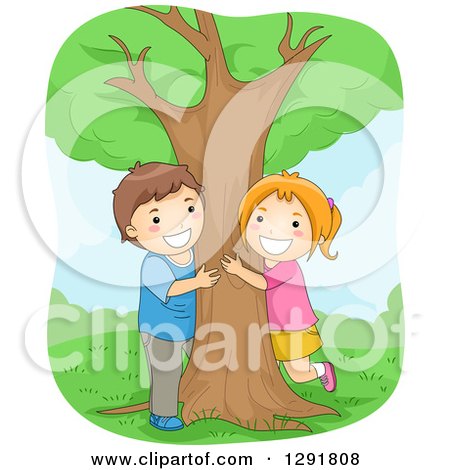 Clipart of a Happy White Boy and Girl Hugging a Tree in a Park - Royalty Free Vector Illustration by BNP Design Studio