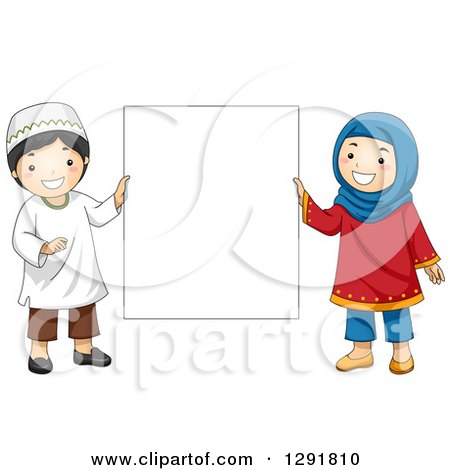 Clipart of Happy Muslim Children Holding a Blank Sign - Royalty Free Vector Illustration by BNP Design Studio
