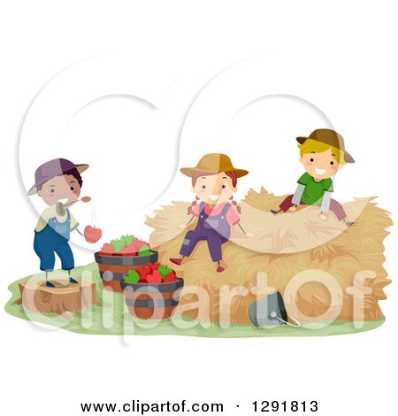 Clipart of Happy Country Farm Children Playing with Hay and Apples - Royalty Free Vector Illustration by BNP Design Studio