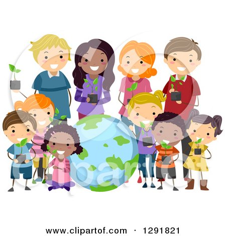 Clipart of a Diverse Group of Children and Adults Holding Seedling Plants Around Earth - Royalty Free Vector Illustration by BNP Design Studio