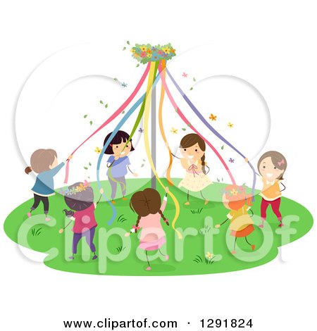 Clipart of a Group of Happy Girls Dancing Around a May Pole - Royalty Free Vector Illustration by BNP Design Studio
