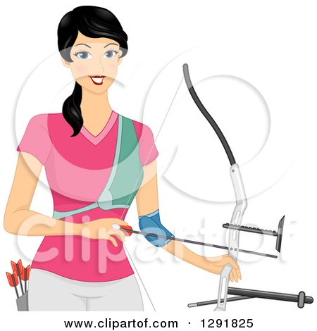 Clipart of a Happy Black Haired Irish Woman Archer Holding a Bow and Arrow - Royalty Free Vector Illustration by BNP Design Studio