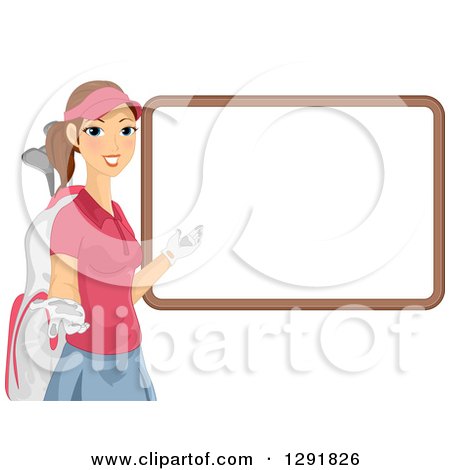 Clipart of a Happy Brunette Caucasian Female Golfer Caddy Presenting a Blank White Board - Royalty Free Vector Illustration by BNP Design Studio
