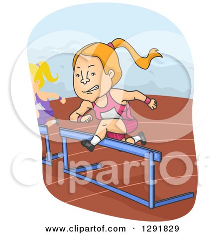 Clipart of a Cartoon Competitive Red Haired Caucasian Woman Leaping Hurdles on a Track - Royalty Free Vector Illustration by BNP Design Studio