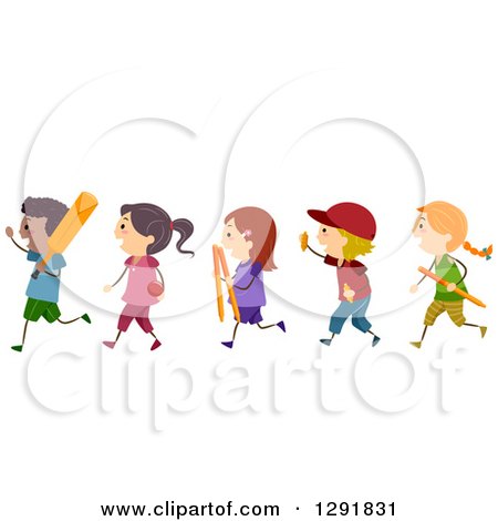Clipart of a Line of Happy Children with Cricket Gear - Royalty Free Vector Illustration by BNP Design Studio