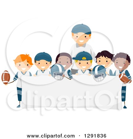 Clipart of a Happy Male Coach and a Team of Football Player Boys Around a Blank Banner Sign - Royalty Free Vector Illustration by BNP Design Studio