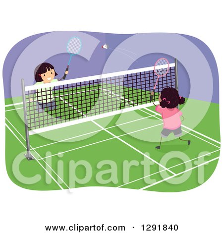 Clipart of Happy Girls Playing Badminton Indoors - Royalty Free Vector Illustration by BNP Design Studio