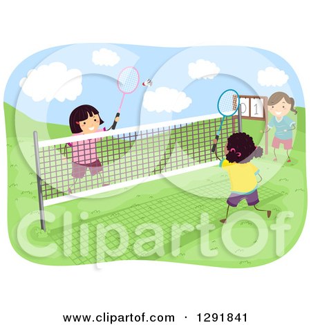 Clipart of Happy Girls Playing Badminton Outdoors - Royalty Free Vector Illustration by BNP Design Studio