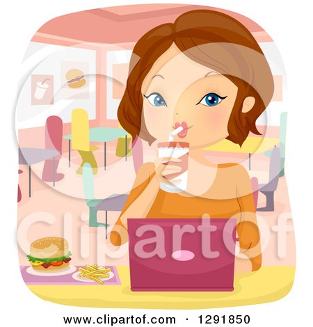Clipart of a Brunette Caucasian Woman Working on a Laptop and Eating at a Fast Food Restaurant - Royalty Free Vector Illustration by BNP Design Studio