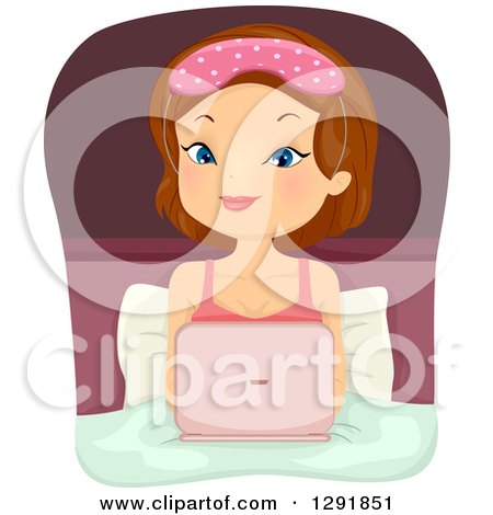 Clipart of a Happy Brunette Caucasian Woman Using a Laptop Before Bed Time - Royalty Free Vector Illustration by BNP Design Studio
