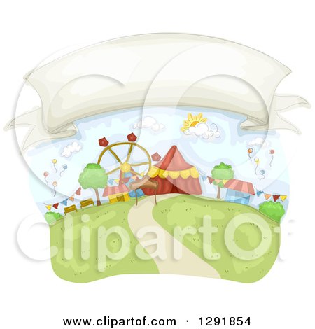 Clipart of a Blank Banner in the Sky over a Carnival - Royalty Free Vector Illustration by BNP Design Studio