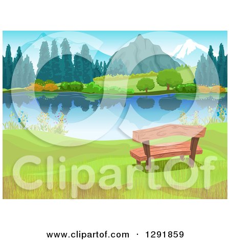 Clipart of a Wood Bench on the Shore of a Still Lake near Mountains - Royalty Free Vector Illustration by BNP Design Studio