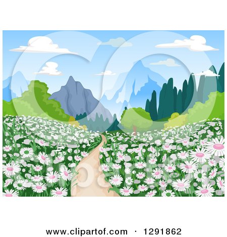 Clipart of a Path Throug Ha Meadow of Pink and White Flowers and Mountains in the Distance - Royalty Free Vector Illustration by BNP Design Studio